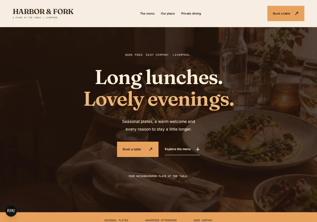 Website preview for the fictional HARBOR & FORK business